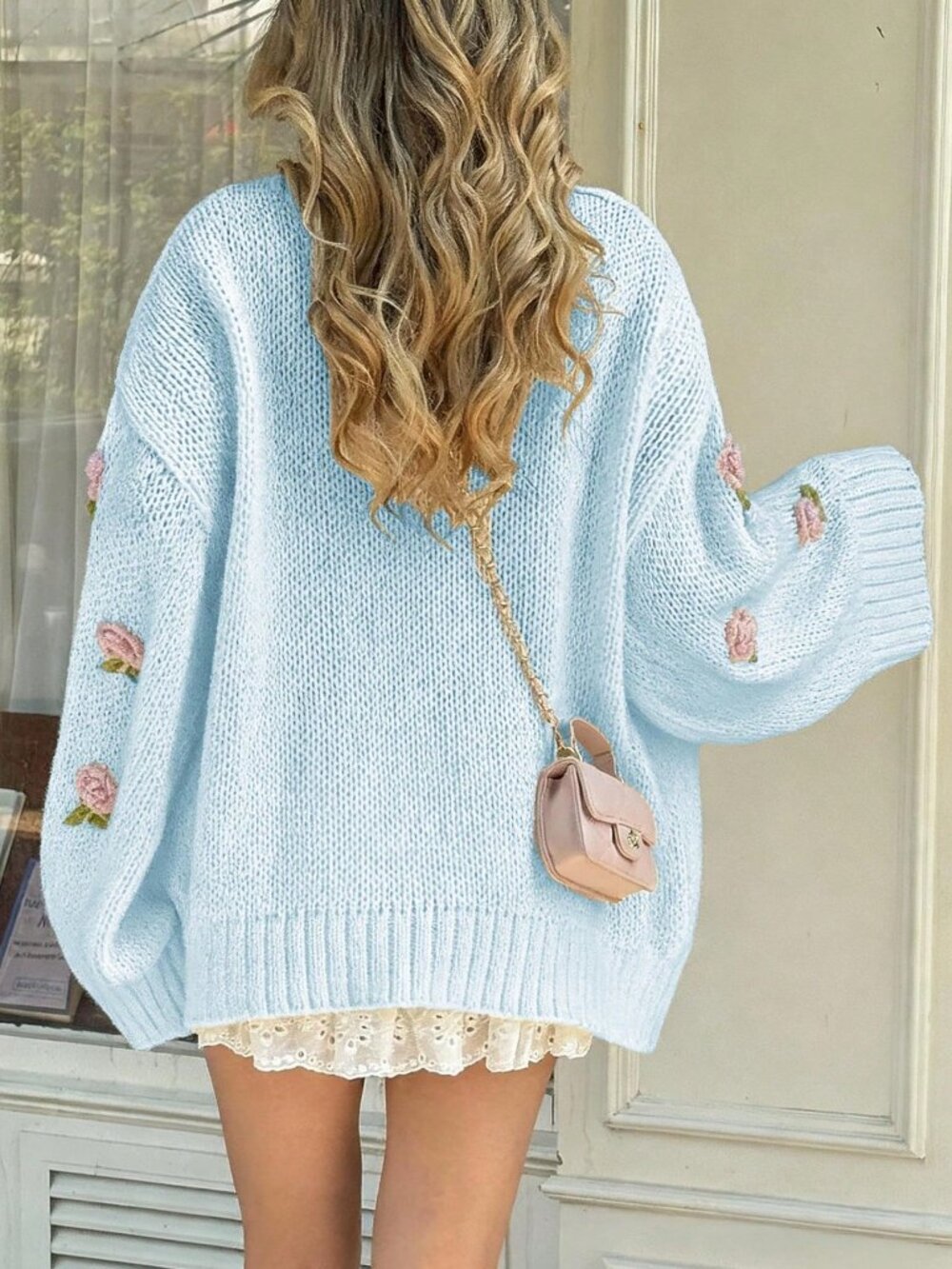 Baby Blue Women's Casual Cute Knitted Embroidered 3D Floral Sweater - Picture 3 of 10